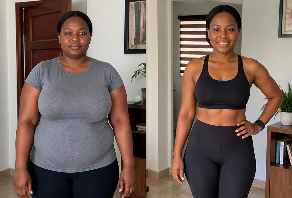Before and after weight loss transformation of Chioma A., Lagos