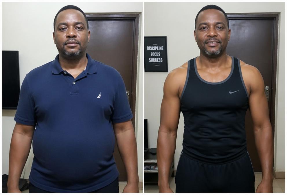 Before and after weight loss transformation of Emeka O., Abuja