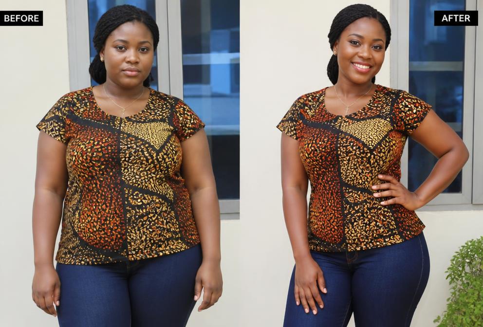 Before and after weight loss transformation of Aisha B., Ibadan