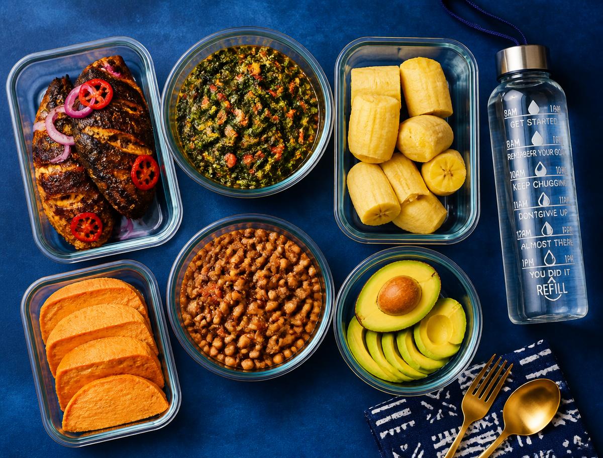 Healthy Nigerian meal prep bowls with grilled fish, efo riro, plantain, beans and avocado
